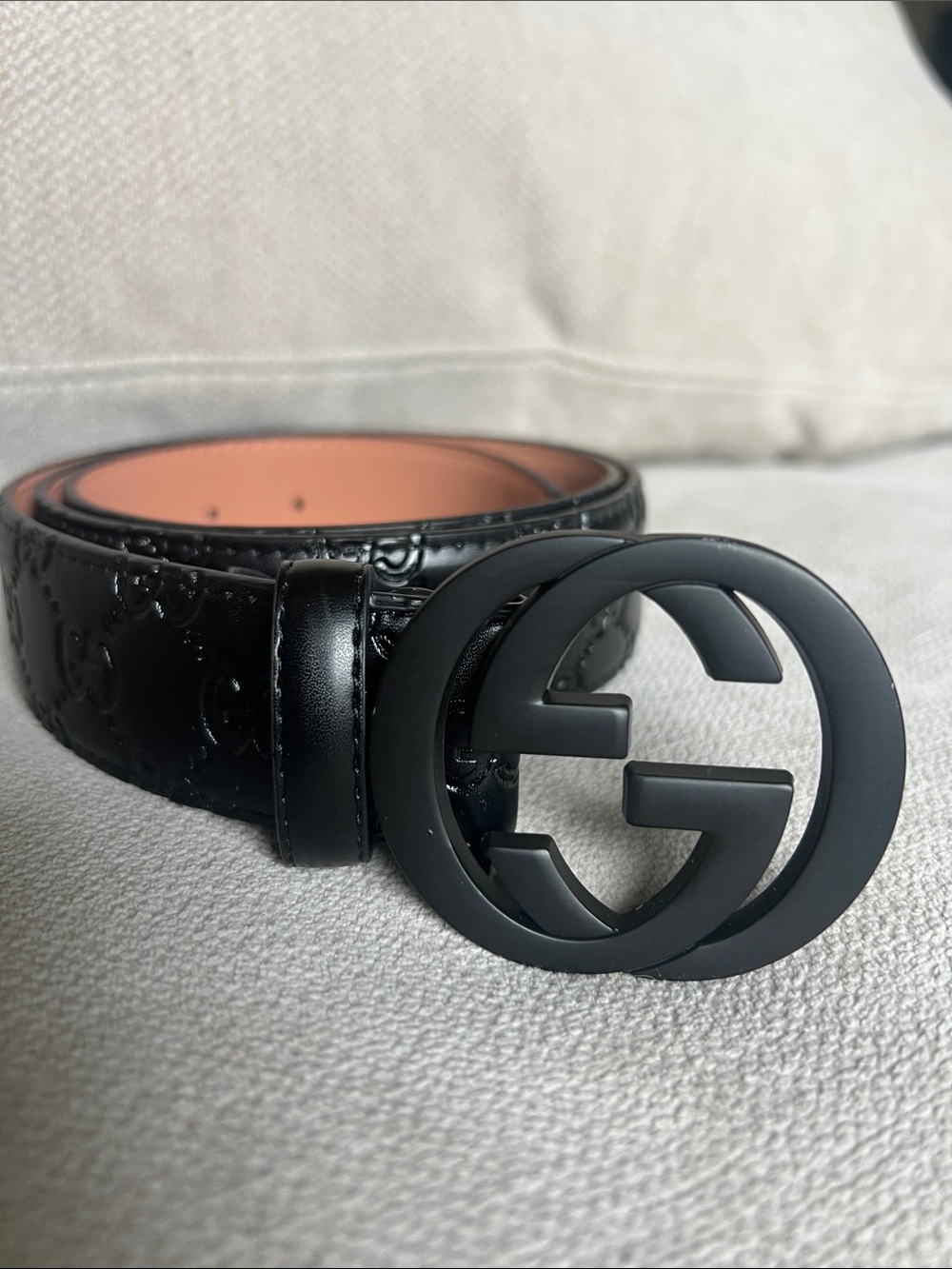 Brand New Gucci Black Embossed Leather Belt with Matte Black Double GG Buckle